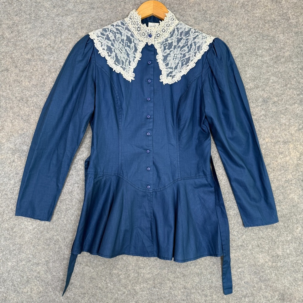 Vintage Gunne Sax Jessica McClintock Womens 11 Lace Neck Button Belted Shirt 70s